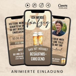 Lustige Einladung Geburtstag, digitale Geburtstagseinladung personalisierbar, animierte Video eCard Bier, Whatsapp Einladung, Canva Vorlage