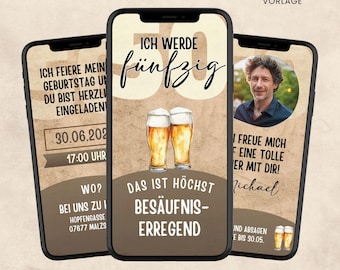 Funny digital birthday invitation, animated WhatsApp video eCard beer, Canva template customizable with music and photo