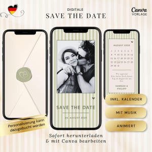 Könnte beinhalten: Drei Smartphones zeigen eine digitale Save-the-Date-Vorlage mit hellgrün gestreiftem Hintergrund. Die Bildschirme zeigen einen Umschlag mit Wachssiegel, ein schwarz-weißes Paar-Foto und einen Kalender für August 202X mit den Namen Hannah und Philipp.