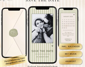 Save the Date Hochzeit digital, Video eCard mit Musik & Kalender, animiert WhatsApp Canva Vorlage personalisierbar in grün mit Wachssiegel