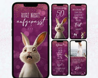 Funny digital birthday invitation | Animated birthday invitation for women | Bunny WhatsApp invitation | Pink Canva template with music and photo