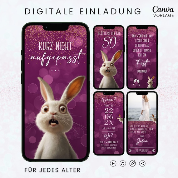Lustige Geburtstagseinladung digital | Einladung Geburtstag Frau animiert | Whatsapp Einladung Hase | Canva Vorlage pink mit Musik und Foto