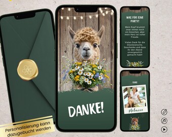 May include: Digital thank you card templates displayed on three smartphones. The screens show a brown alpaca holding a bouquet of wildflowers, a dark green envelope with a gold wax seal, and text in German including the word DANKE.