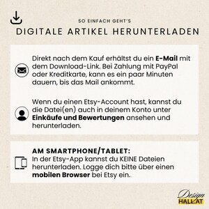 May include: A beige graphic with German text, including "DIGITALE ARTIKEL HERUNTERLADEN" and instructions for downloading digital items after purchase. Includes icons for email, a user profile, and a tablet. The Design Hall.AT logo is in the bottom right.