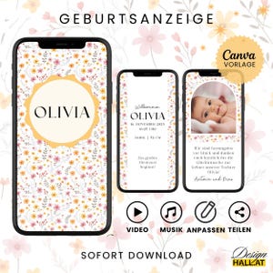 Geburtsanzeige digital Mädchen eCard Geburt personalisierbar mit Foto Willkommen Baby Whatsapp Karte animiert Canva Vorlage floral mit Musik