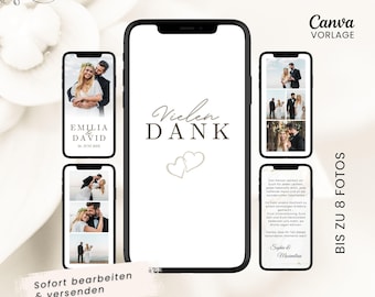 Danke Karte Hochzeit digital Danksagung Trauung animiert Danksagungskarte Whatsapp Dankeskarte mit Musik und bis 8 Fotos Video eCard Canva