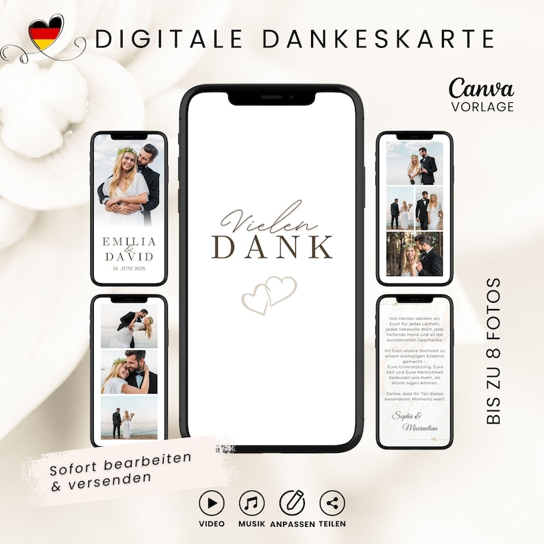 Minimalistische Danke Karte Hochzeit digital, animierte Canva Vorlage mit 5 Seiten und Musik, Platzhalter für bis zu 8 Fotos, Text und Fotos können mit einem kostenlosen Canva Account personalisiert werden, fertige Dankeskarte als Video herunterladen und digital mit Whatsapp versenden.