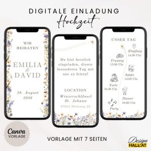 Hochzeitseinladung digital, Einladung Hochzeit, Animierte eCard Hochzeit, Hochzeitseinladung Wildblumen, Digitale Einladungskarte weiß, personalisierbare Canva-Vorlage,  Sofort Download, Video Einladung mit Foto, Zeitplan, Dresscode, Trauung Blumen