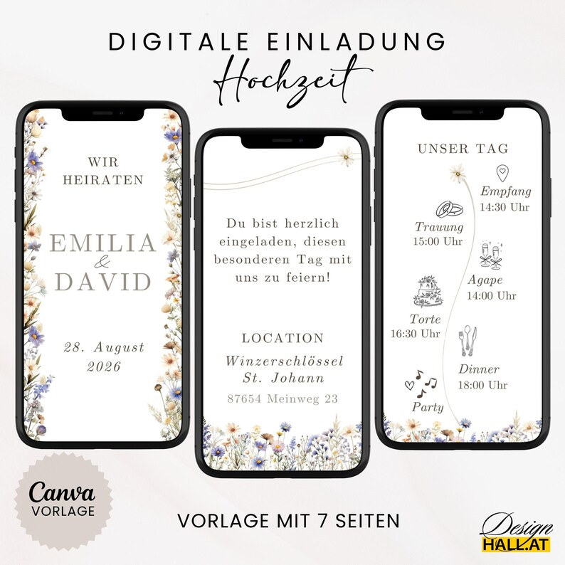Hochzeitseinladung digital, Einladung Hochzeit, Animierte eCard Hochzeit, Hochzeitseinladung Wildblumen, Digitale Einladungskarte weiß, personalisierbare Canva-Vorlage,  Sofort Download, Video Einladung mit Foto, Zeitplan, Dresscode, Trauung Blumen