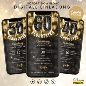 Digitale Einladung Geburtstag animiert Geburtstagseinladung personalisierbar |Whatsapp Einladung Luftballon Canva Vorlage eCard schwarz gold