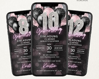 Digital birthday invitation with balloons, animated WhatsApp video eCard, customizable Canva template with pink/silver glitter