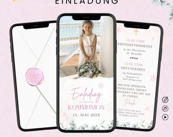 May include: Digital invitation design on three smartphones. The central phone displays a girl in a white dress holding flowers, with text in pink. The other phones show an envelope with a pink seal and event details.