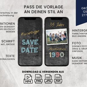 Digitale Einladung Klassentreffen, Canva Vorlage personalisierbar, Digitaler Download, Canva Template Klassentreffen, Save the date eCard animiert, Whatsapp Einladung digital versenden, animierte Videoeinladung Handy, Einladungskarte Abschlussklasse