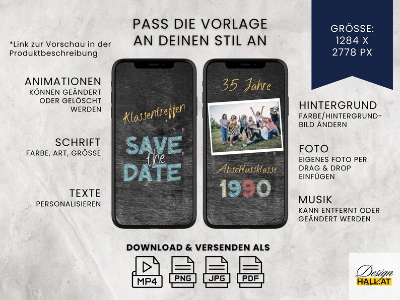 Digitale Einladung Klassentreffen, Canva Vorlage personalisierbar, Digitaler Download, Canva Template Klassentreffen, Save the date eCard animiert, Whatsapp Einladung digital versenden, animierte Videoeinladung Handy, Einladungskarte Abschlussklasse