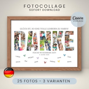 Peut inclure: Un collage photo encadré avec le mot allemand "DANKE" (MERCI) composé de plusieurs photos. Le texte "GLÜCK IST, SO EINE TOLLE LEHRERIN ZU HABEN!" est au-dessus du mot "DANKE". Le texte du bas se lit "FÜR DIE WUNDERBARE ZEIT! 4. KLASSE 202X".