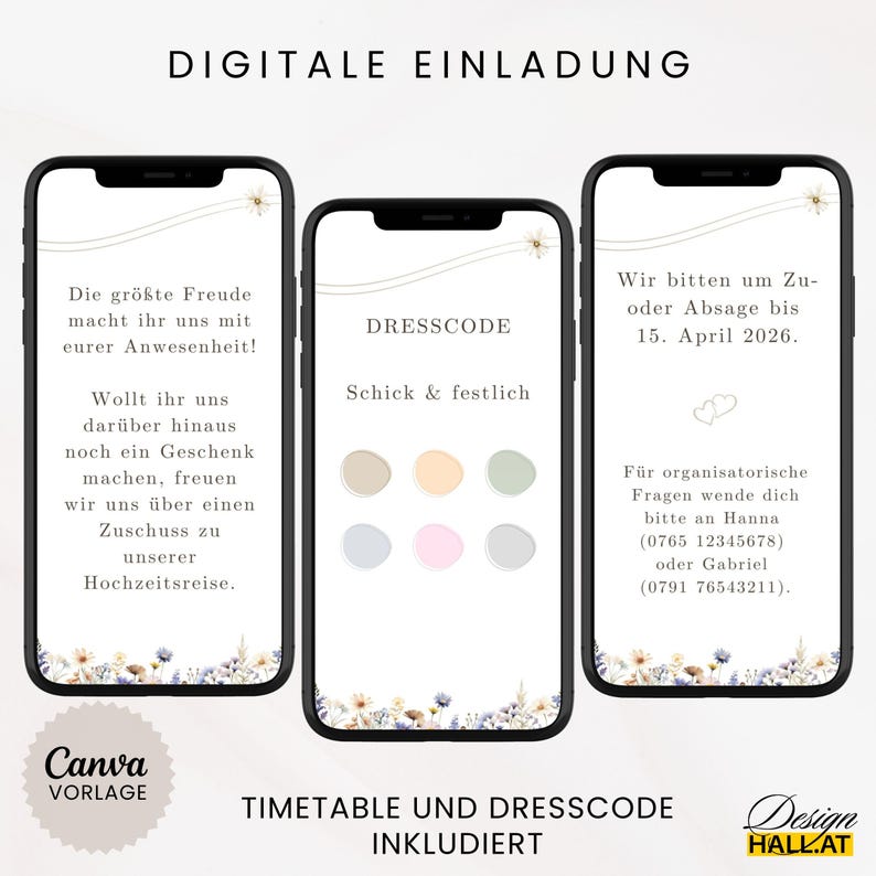 Hochzeitseinladung digital, Einladung Hochzeit, Animierte eCard Hochzeit, Hochzeitseinladung Wildblumen, Digitale Einladungskarte weiß, personalisierbare Canva-Vorlage,  Sofort Download, Video Einladung mit Foto, Zeitplan, Dresscode, Trauung Blumen