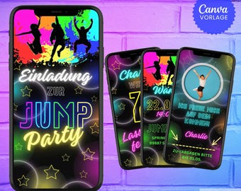 Digital children's birthday invitation, animated trampoline park invitation card, Jump Party WhatsApp invitation, Canva eCard template with music