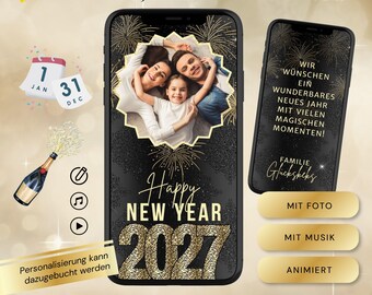 Digital New Year's card with photo, Happy New Year 2027 card (personalizable), animated WhatsApp video eCard, Canva template