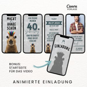 Digitale Einladung Geburtstag lustig "Macht die Haare schön", Animierte Einladung Capybara, Videoeinladung mit Musik, Canva-Vorlage personalisierbar, 4 Seiten, Sofort Download, eCard Whatsapp Einladung zum Versenden mit Whatsapp, Instagram, Facebook, Messenger, SMS und E-Mail, lustige Einladungskarte für jedes Alter für Frauen und Männer, Partyeinladung mit witzigem Capybara