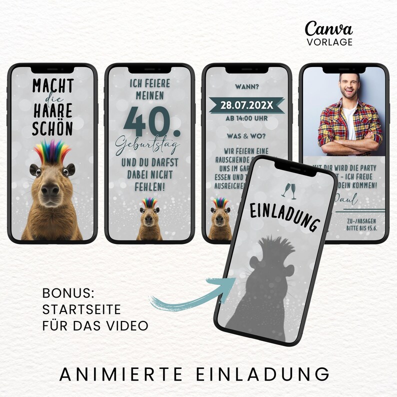 Digitale Einladung Geburtstag lustig "Macht die Haare schön", Animierte Einladung Capybara, Videoeinladung mit Musik, Canva-Vorlage personalisierbar, 4 Seiten, Sofort Download, eCard Whatsapp Einladung zum Versenden mit Whatsapp, Instagram, Facebook, Messenger, SMS und E-Mail, lustige Einladungskarte für jedes Alter für Frauen und Männer, Partyeinladung mit witzigem Capybara