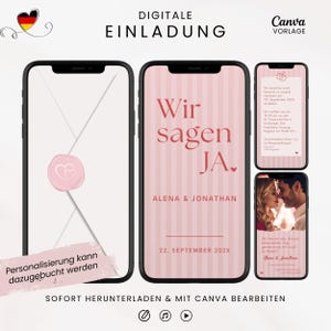 May include: Digital wedding invitation template displayed on smartphones. The main design features a pink and white striped background with the text "Wir sagen JA" and the names "Alena & Jonathan". Additional screens show event details and a couple's photo.