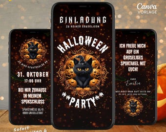 Einladung Halloween Party digital Whatsapp Einladung animiert Video eCard Halloweenparty mit Musik Canva Vorlage schwarze Katze