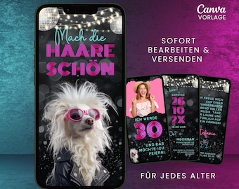 Funny digital birthday invitation | 80s neon themed party invitation card | Disco party WhatsApp invitation | Make your hair beautiful | Dog | Canva