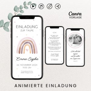 Einladung Taufe digital Boho Regenbogen rosa Taufeinladung Mädchen personalisierbar eCard Whatsapp Einladung Taufe Canva Vorlage mit Foto