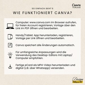 May include: A white graphic with the text "SO EINFACH GEHT'S WIE FUNKTIONIERT CANVA?" and instructions for using Canva on a computer and mobile devices. The Canva logo is in the upper right corner.