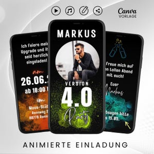 Könnte beinhalten: Animierte digitale Einladung mit schwarzem Hintergrund und bunten Akzenten. Die Einladung zeigt ein Foto eines Mannes, den Text "MARKUS VERSION 4.0 Party" und das Datum "26.06.1".