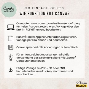 May include: A light beige graphic with the text "Canva Vorlage" and "So einfach geht's Wie funktioniert Canva?" Instructions include using a computer or tablet, and saving as PDF, JPG, or PNG.