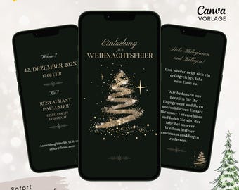 May include: Three smartphones display a digital Christmas party invitation template with a black background, gold text, and a stylized gold glitter Christmas tree graphic. The screens show event details, a festive greeting, and company information.