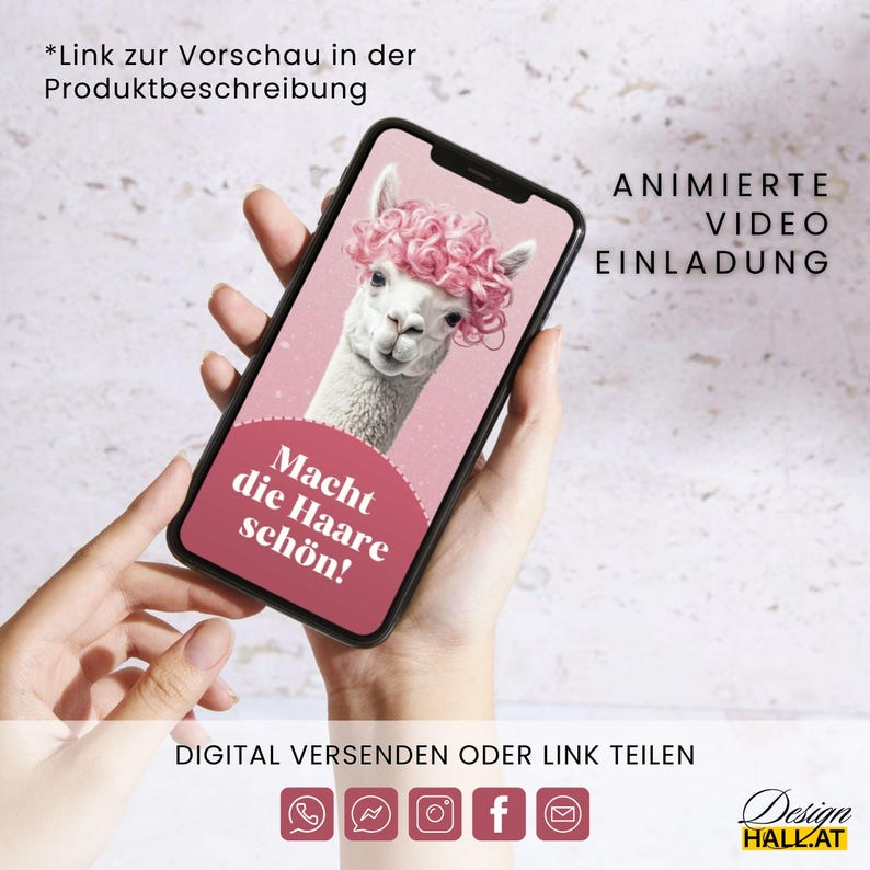 Animierte Videoeinladung mit Alpaka Motiv als MP4-Video herunterladen und digital mit Whatsapp, Messenger, Mail oder Social Media versenden. Link zur Vorschau der Vorlage in der Produktbeschreibung.