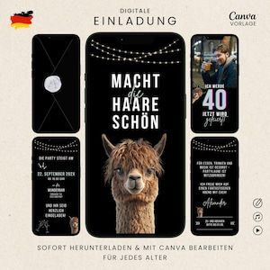 Lustige Einladung zum Geburtstag mit schwarzem Hintergrund und Alpaka-Motiv, animierte Videoeinladung mit Spruch "Macht die Haare schön", personalisierbare Canva-Vorlage mit Musik und Briefumschlag-Animation, Einladung als MP4-Video herunterladen und mit Whatsapp oder E-Mail versenden