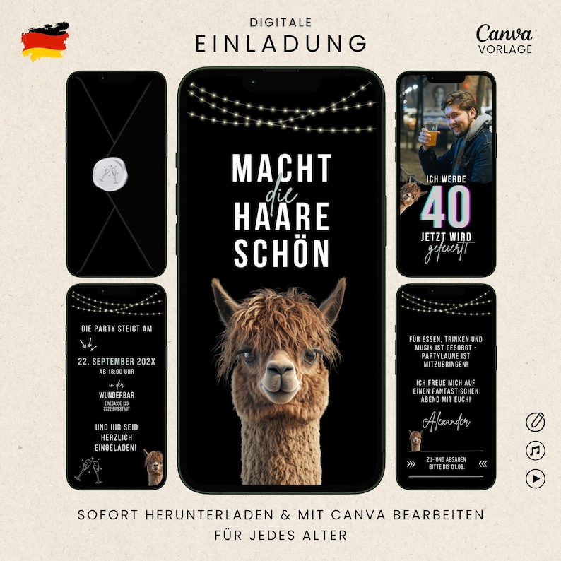 Lustige Einladung zum Geburtstag mit schwarzem Hintergrund und Alpaka-Motiv, animierte Videoeinladung mit Spruch "Macht die Haare schön", personalisierbare Canva-Vorlage mit Musik und Briefumschlag-Animation, Einladung als MP4-Video herunterladen und mit Whatsapp oder E-Mail versenden