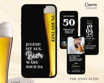 Invito digitale di compleanno a tema birra | Video eCard di compleanno con musica | Invito alla festa di compleanno WhatsApp per uomini | Modello Canva animato