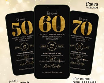 Digitale verjaardagsuitnodiging | Geanimeerde WhatsApp-verjaardagsuitnodiging | E-cardvideo voor een verjaardagsfeestje met muziek | Zwart-gouden Canva-sjabloon