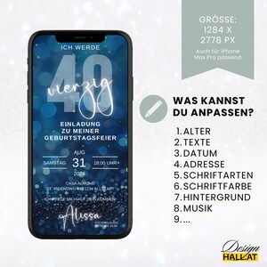 Digitale Einladung Geburtstag, Animiert, blau, Videoeinladung mit Musik, personalisierbar, Canva-Vorlage, für jedes Alter, Sofort Download, eCard, Geburtstagseinladung zum Versenden mit Whatsapp, Instagram, Facebook, Messenger, SMS und E-Mail,