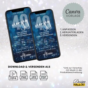 Digitale Einladung Geburtstag, Animiert, blau, Videoeinladung mit Musik, personalisierbar, Canva-Vorlage, für jedes Alter, Sofort Download, eCard, Geburtstagseinladung zum Versenden mit Whatsapp, Instagram, Facebook, Messenger, SMS und E-Mail,