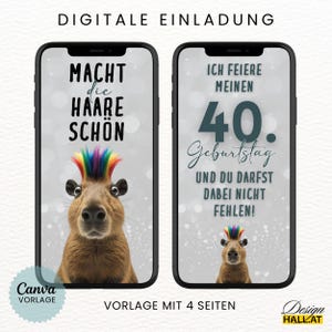 Digitale Einladung Geburtstag lustig "Macht die Haare schön", Animierte Einladung Capybara, Videoeinladung mit Musik, Canva-Vorlage personalisierbar, 4 Seiten, Sofort Download, eCard Whatsapp Einladung zum Versenden mit Whatsapp, Instagram, Facebook, Messenger, SMS und E-Mail, lustige Einladungskarte für jedes Alter für Frauen und Männer, Partyeinladung mit witzigem Capybara