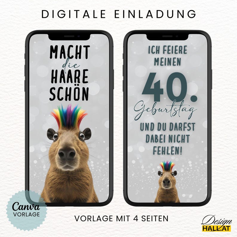Digitale Einladung Geburtstag lustig "Macht die Haare schön", Animierte Einladung Capybara, Videoeinladung mit Musik, Canva-Vorlage personalisierbar, 4 Seiten, Sofort Download, eCard Whatsapp Einladung zum Versenden mit Whatsapp, Instagram, Facebook, Messenger, SMS und E-Mail, lustige Einladungskarte für jedes Alter für Frauen und Männer, Partyeinladung mit witzigem Capybara