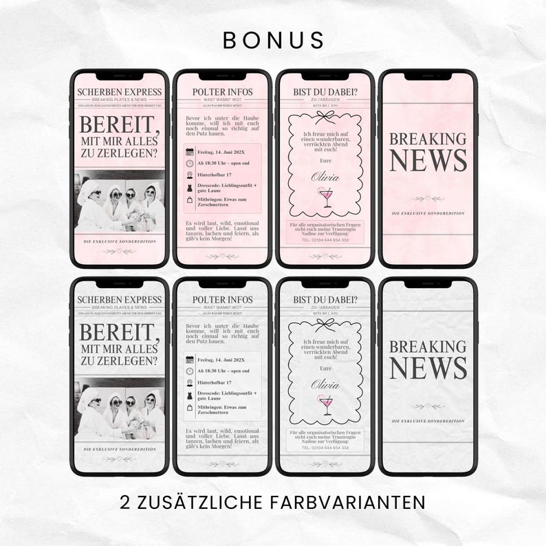 Als Bonus gibt es die animierte Einladung zum Polterabend in zwei zusätzlichen fertigen Farbvarianten, einmal mit rosa Hintergrund und einmal mit grauem Papier-Hintergrund. Du kannst die nicht benötigten Seiten einfach aus der Vorlage löschen.