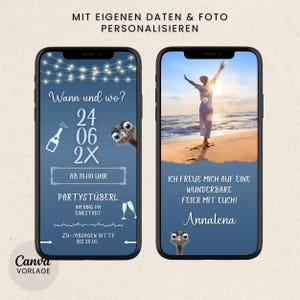 Funny digital birthday invitation | Humorous WhatsApp birthday invitation | Birthday party eCard with photo & music | Blue Canva template image 4