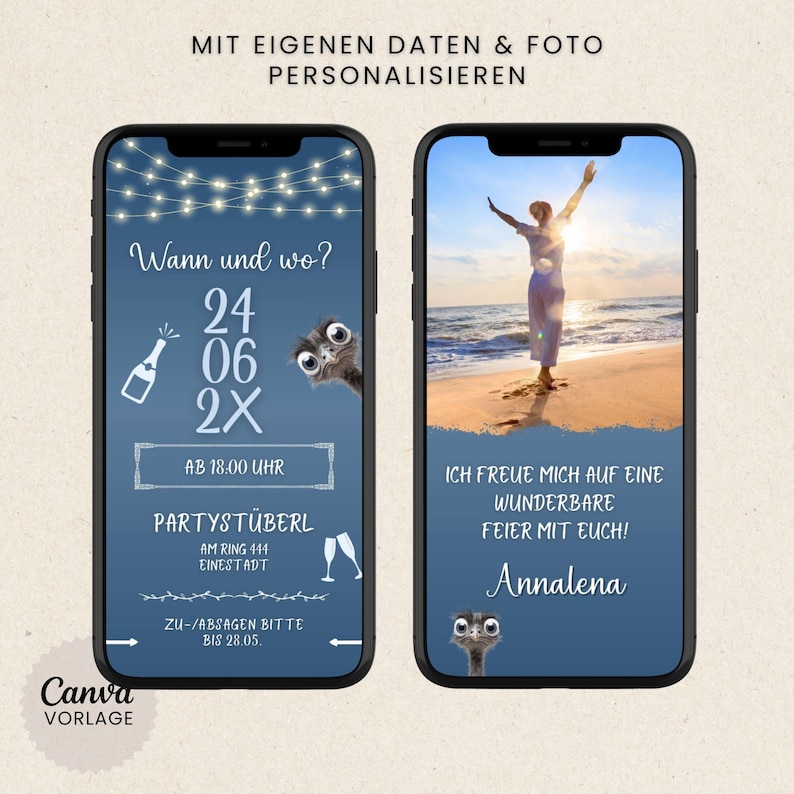 Funny digital birthday invitation | Humorous WhatsApp birthday invitation | Birthday party eCard with photo & music | Blue Canva template image 4