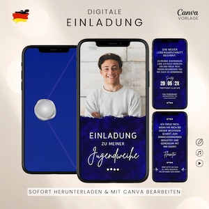 May include: Digital invitation design on smartphones. The design features a young person's photo, text in German, and a blue and white color scheme. The text includes "Einladung zu meiner Jugendweihe" and "Sofort herunterladen & mit Canva bearbeiten."