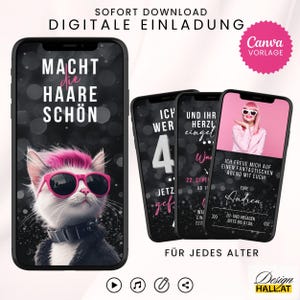 Lustige Einladung Geburtstag Frau, digitale Einladungskarte Katze, WhatsApp Einladung, Video eCard mit Musik, Canva-Vorlage, Sofort Download