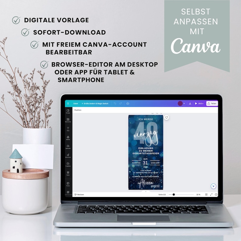 Digitale Einladung Geburtstag, Animiert, blau, Videoeinladung mit Musik, personalisierbar, Canva-Vorlage, für jedes Alter, Sofort Download, eCard, Geburtstagseinladung zum Versenden mit Whatsapp, Instagram, Facebook, Messenger, SMS und E-Mail,