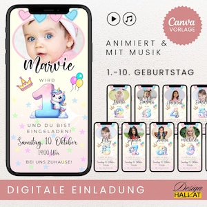 Einladung Kindergeburtstag Mädchen digital Videoeinladung Einhorn Whatsapp eCard Geburtstag animiert Canva Vorlage personalisierbar rosa