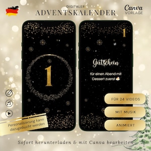 Könnte beinhalten: Eine digitale Adventskalender-Canva-Vorlage auf zwei Smartphones mit schwarzem Hintergrund, goldenen Glitzerakzenten und Schneeflockenmustern. Die Bildschirme zeigen die Zahl Eins, einen Gutschein für Dessert sowie Tasten für Musik und Animation.