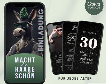Lustige Einladung Geburtstag digital, animierte Video eCard mit Foto, Whatsapp Einladung, Canva-Vorlage, Sofort-Download, Karte Esel Tattoo
